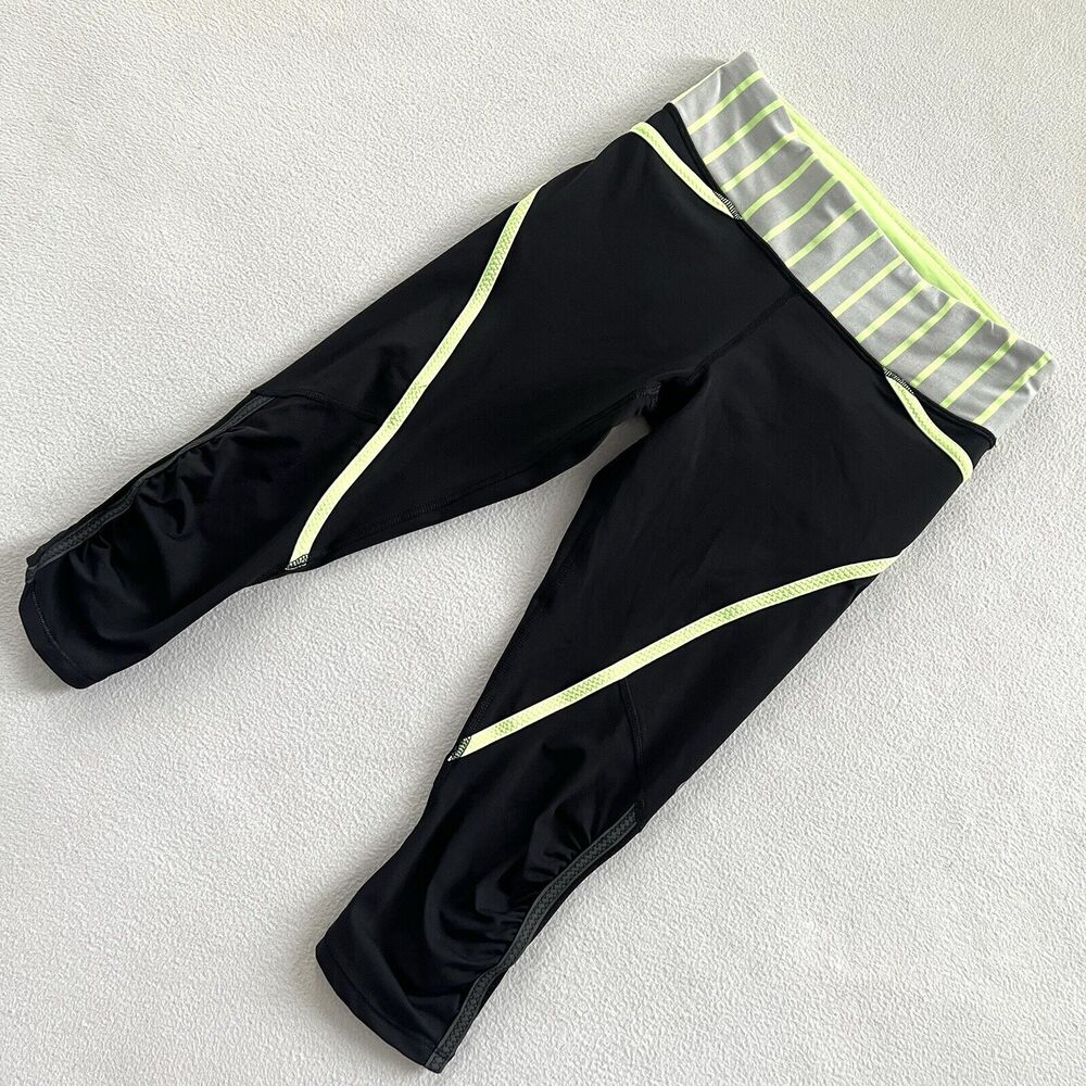 Lululemon Run Pace Crop Black Deauville Stripe Clear Mint Light Grey Pant 4 - Picture 2 of 11